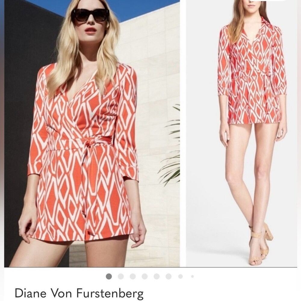 Diane von Furstenberg Celeste Romper Ikar Stamp Coral Orange Red 3/4 Sleeve Silk